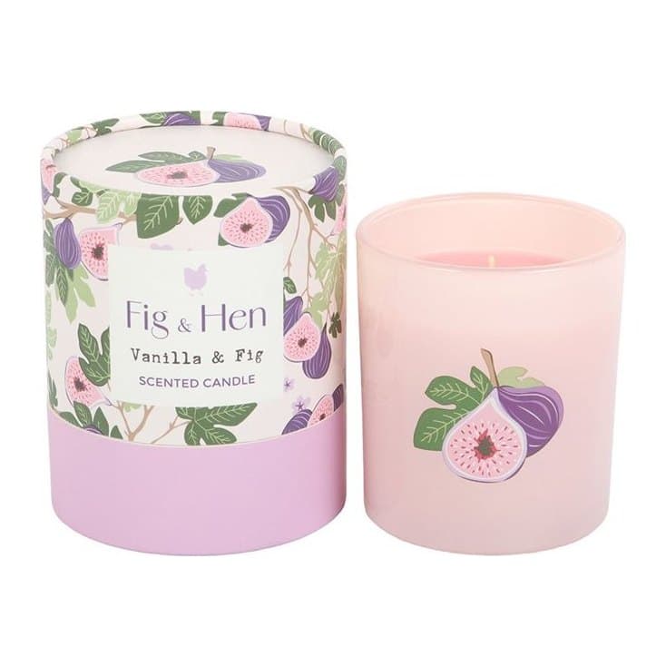 Soft pink glass jar candle with a fig illustration, in vanilla and fig scent