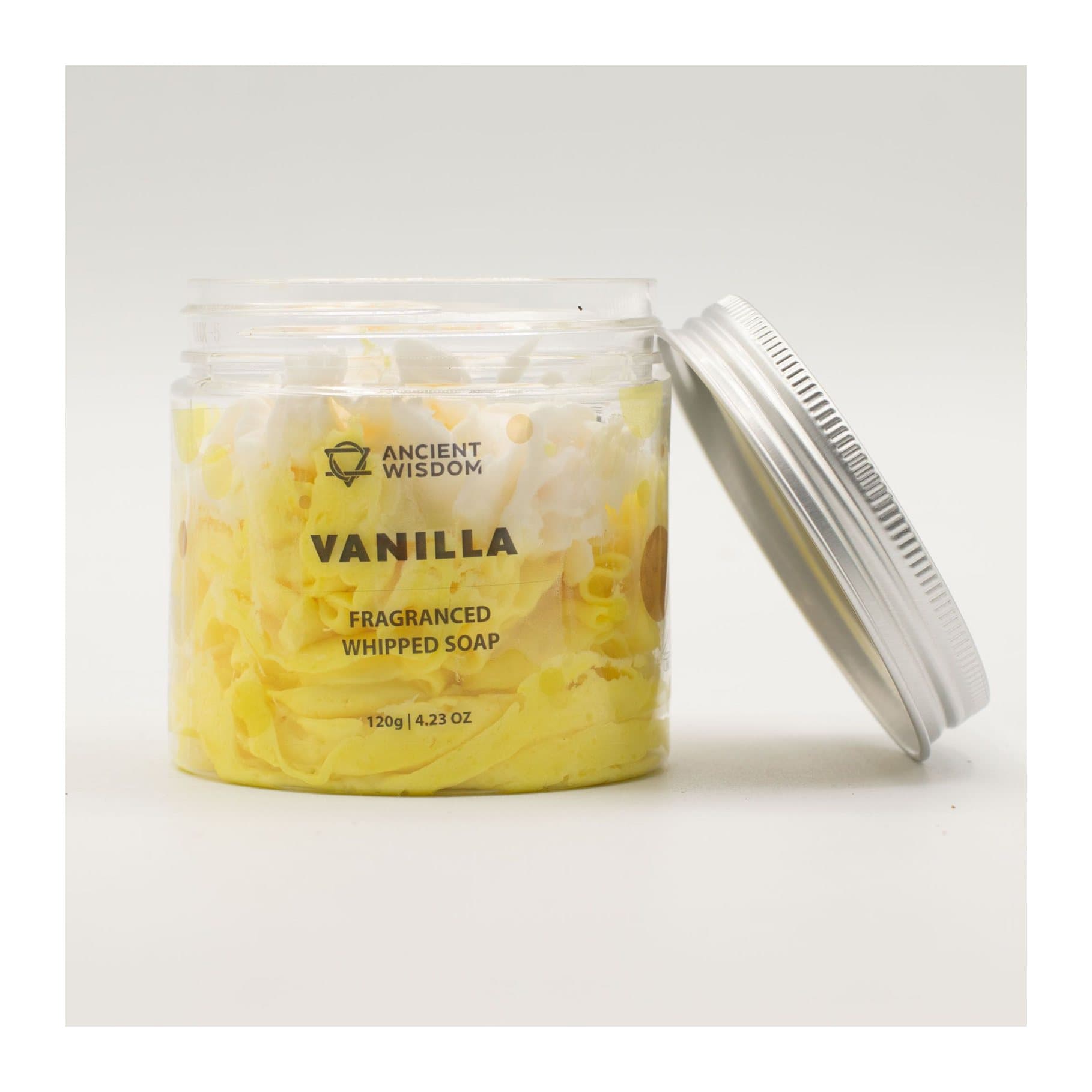 Vanilla whipped soap in a clear 120 g jar