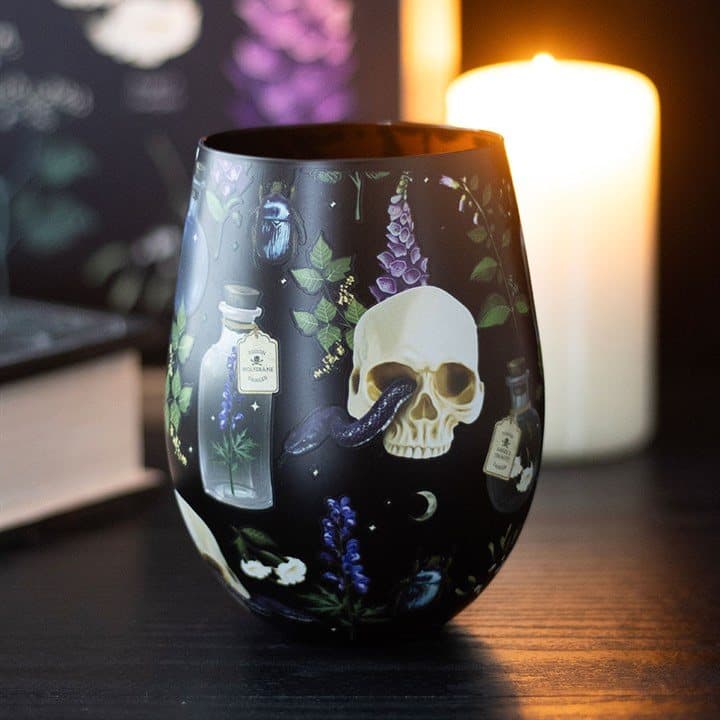 Stemless glass with a skull and poisonous plants print