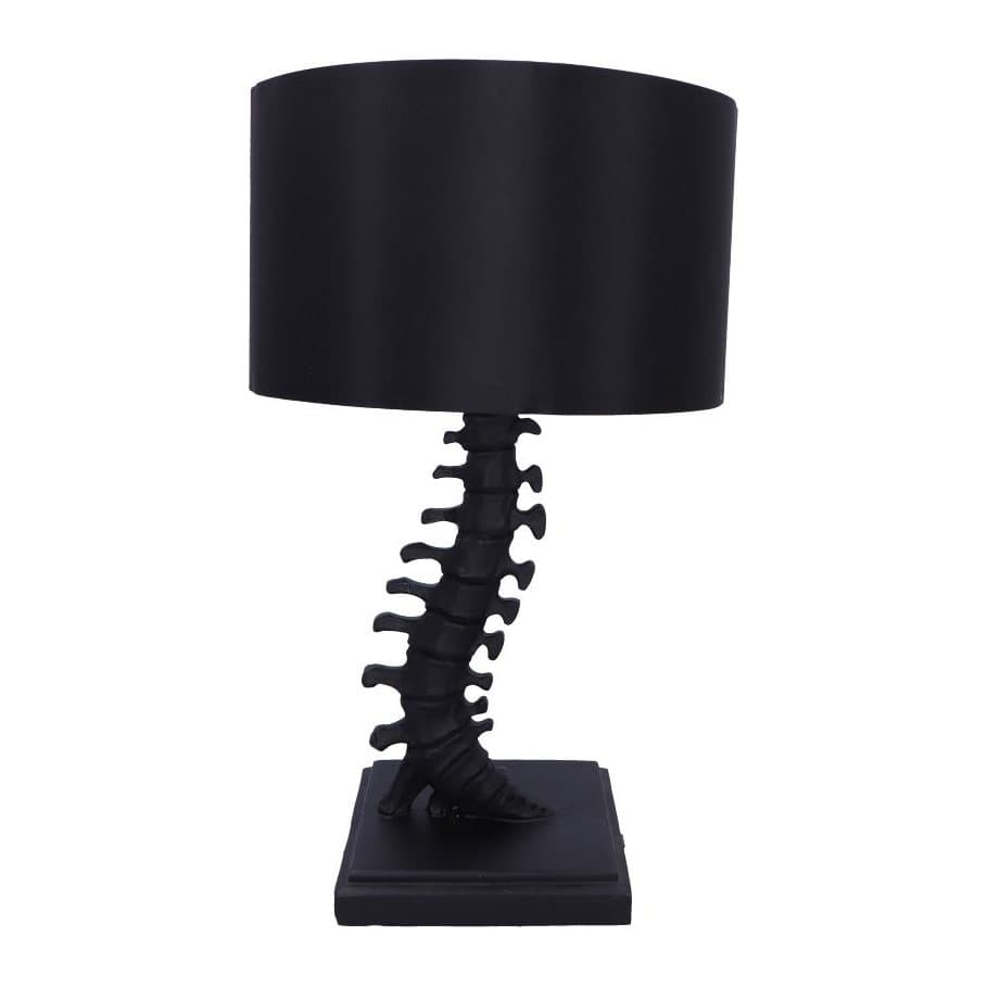 Table lamp with a bent spine stem and a black lampshade