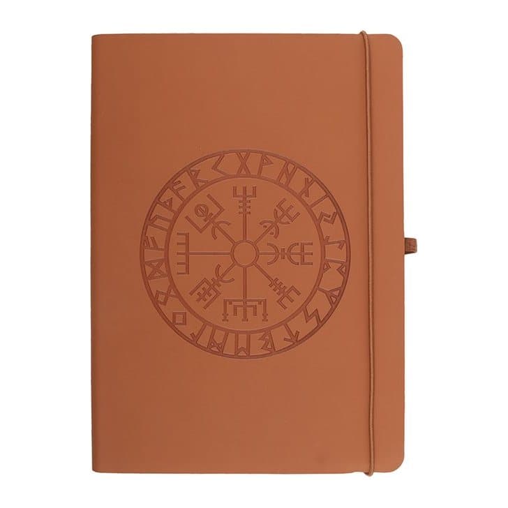 Brown faux leather A5 journal embossed with a Viking compass, with a pen