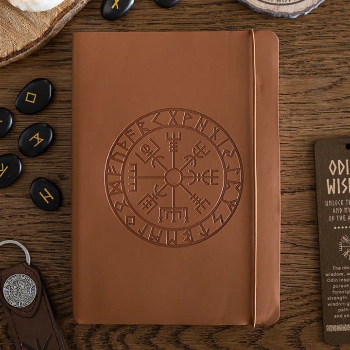 Brown faux leather A5 journal embossed with a Viking compass, with a pen