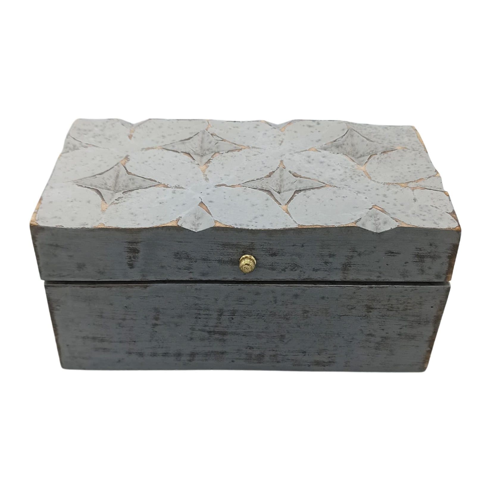 Carved wooden storage box with a grey star lid
