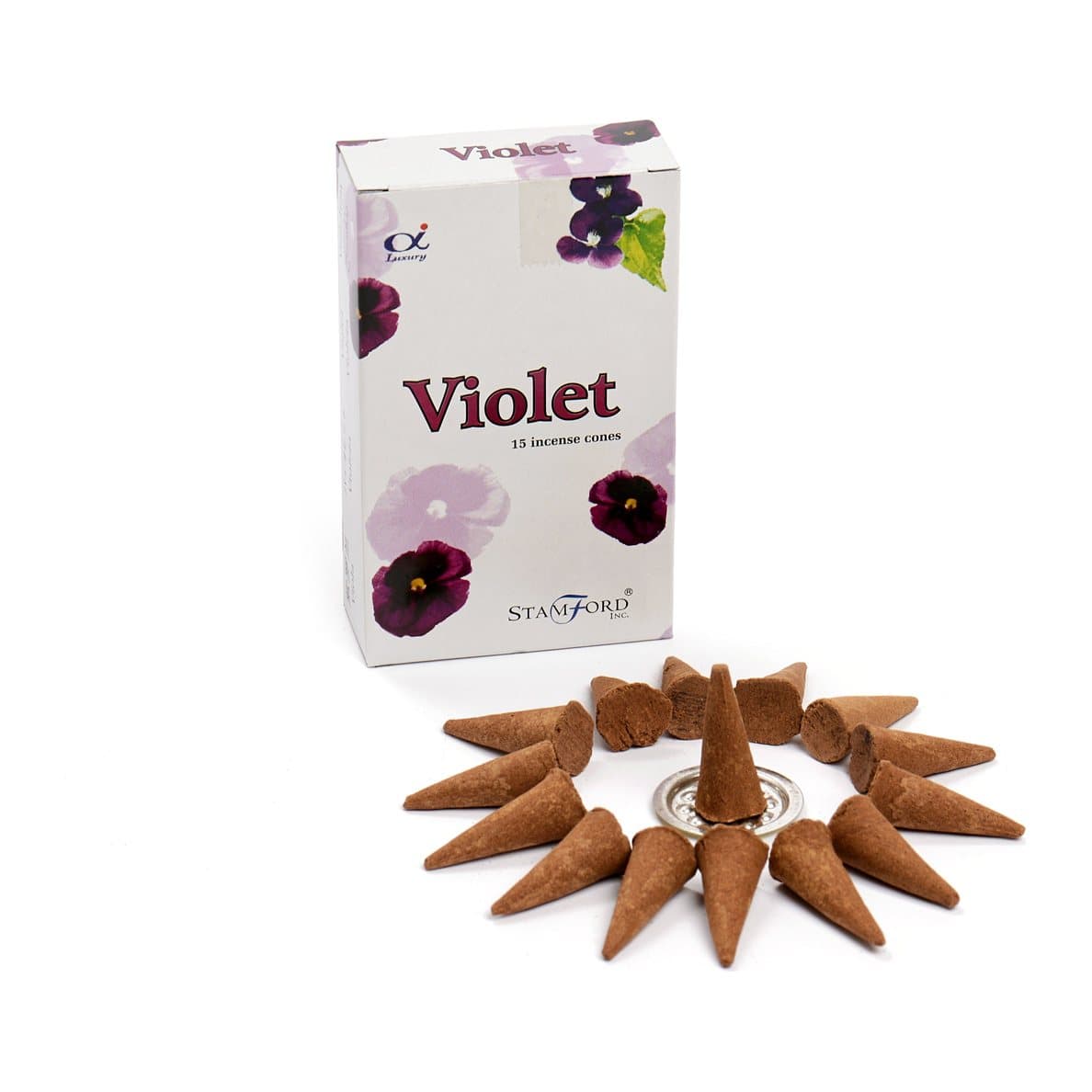 Violet incense cones, pack of 2, with a metal incense holder