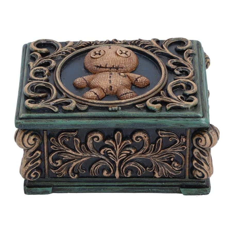 Voodoo trinket box with a sculpted voodoo doll on the lid