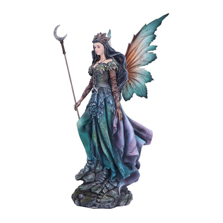 Crowned resin fairy figurine with crescent moon staff and wings