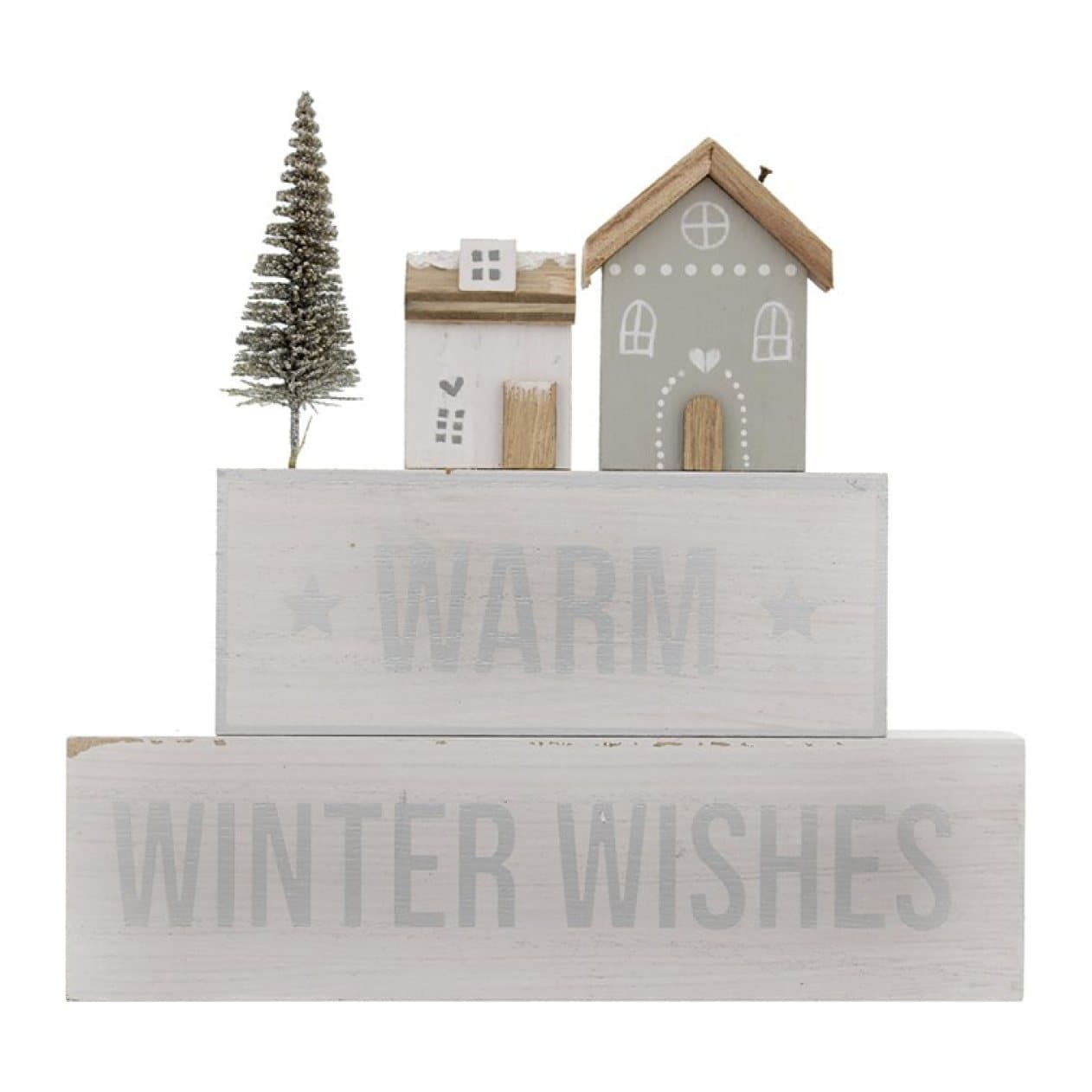 White and grey wooden block sign reading Warm Winter Wishes