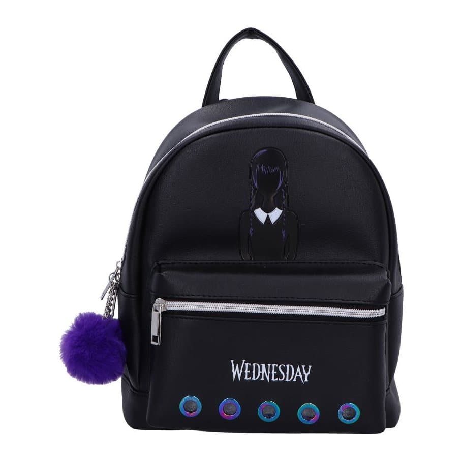 Black faux-leather Wednesday Addams backpack with pompoms on the zip
