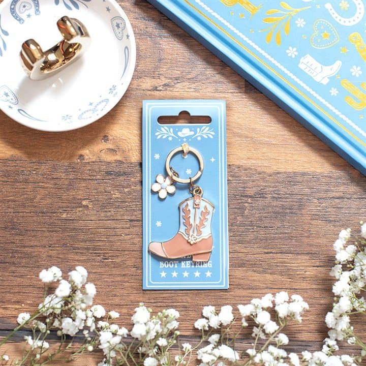 Western boot keyring in alloy and enamel with colourful rodeo details