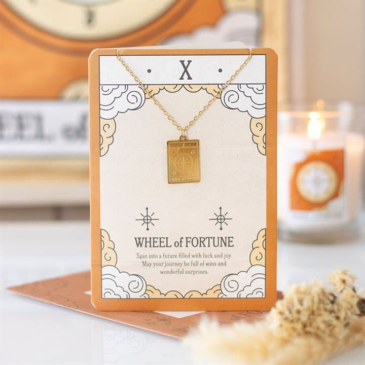 Wheel of Fortune vintage tarot necklace on a card