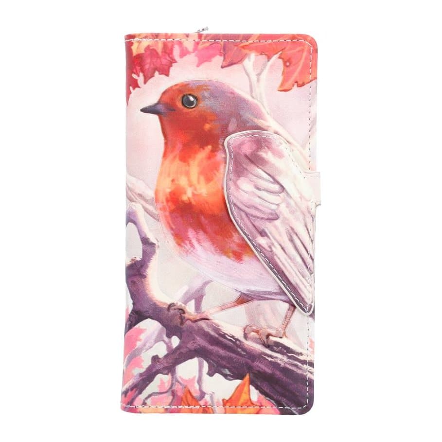 Embossed robin purse in orange and red with a robin portrait on the front