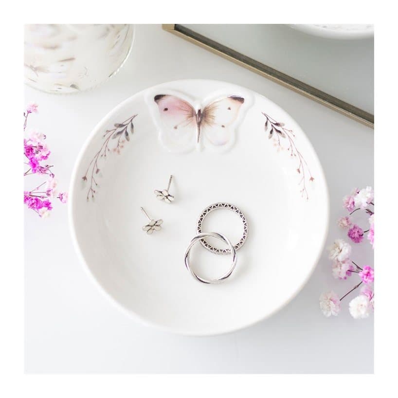 Round white ceramic trinket dish with a 3D butterfly in soft grey tones