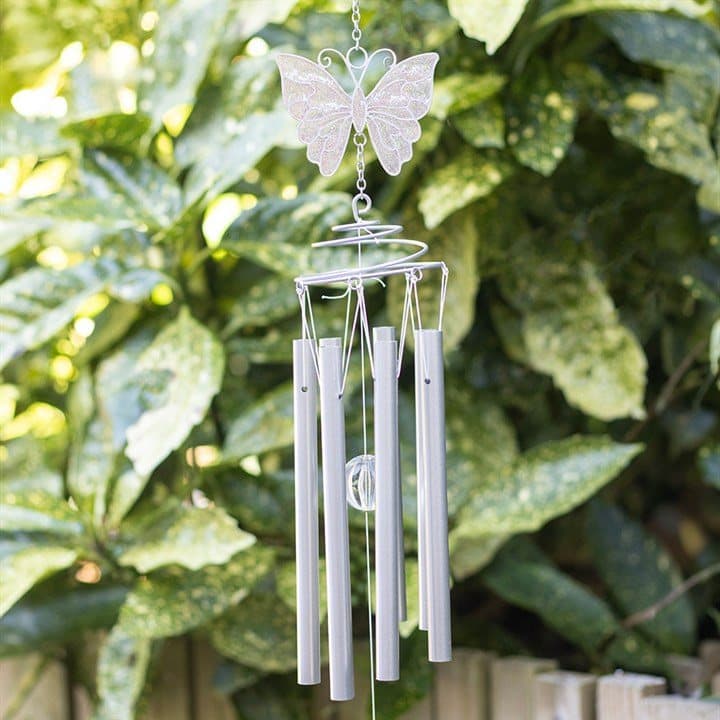 Silver and white butterfly windchime with a clear hanging crystal