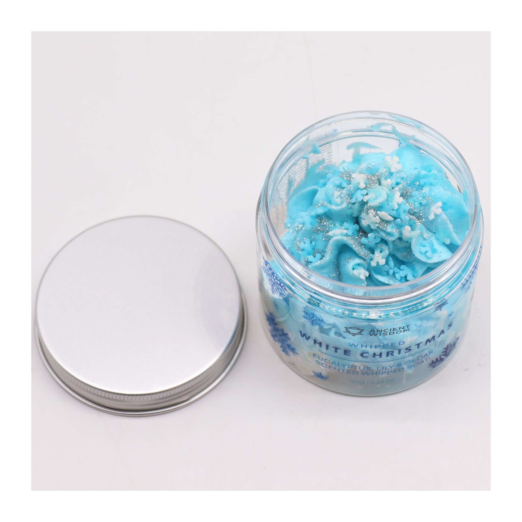 White whipped soap with glitter accents and sugar snowflakes