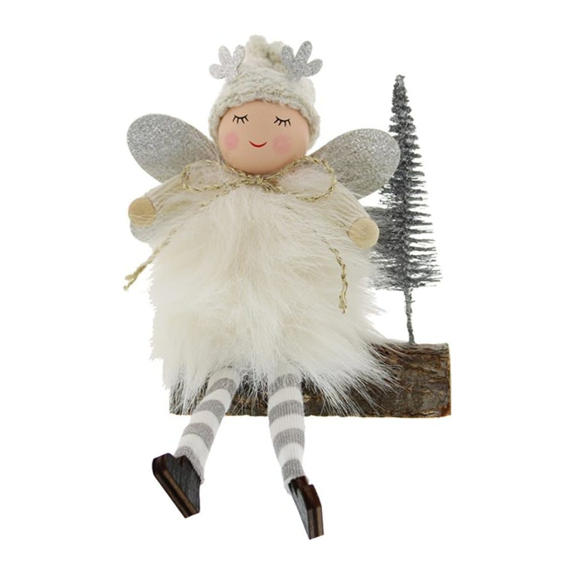White fairy ornament with a faux-fur dress and a tiny tree