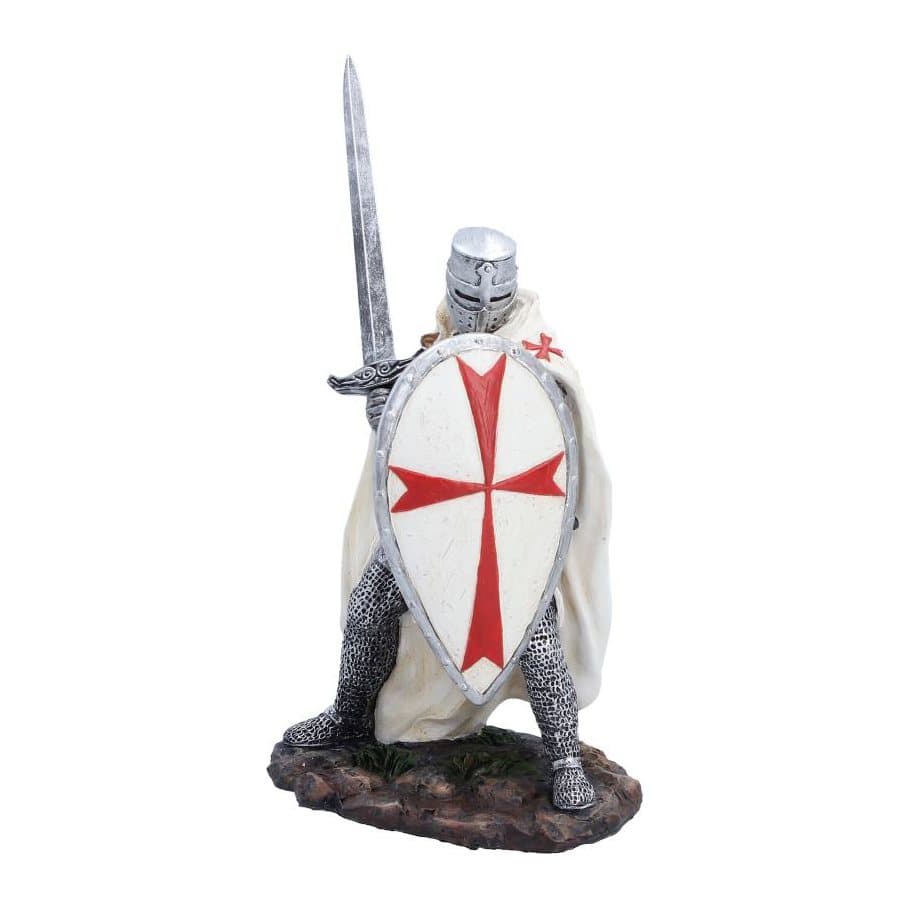 White knight figurine in white and red with silver armour, a cape, sword and shield