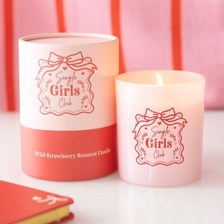 Single Girls Club Wild Strawberry candle in a pink glass jar