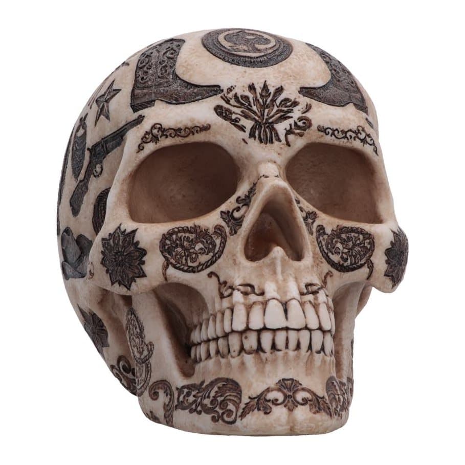 Resin Wild West Lone Ranger skull decorated with rifles, cacti, cowboy hats and boots