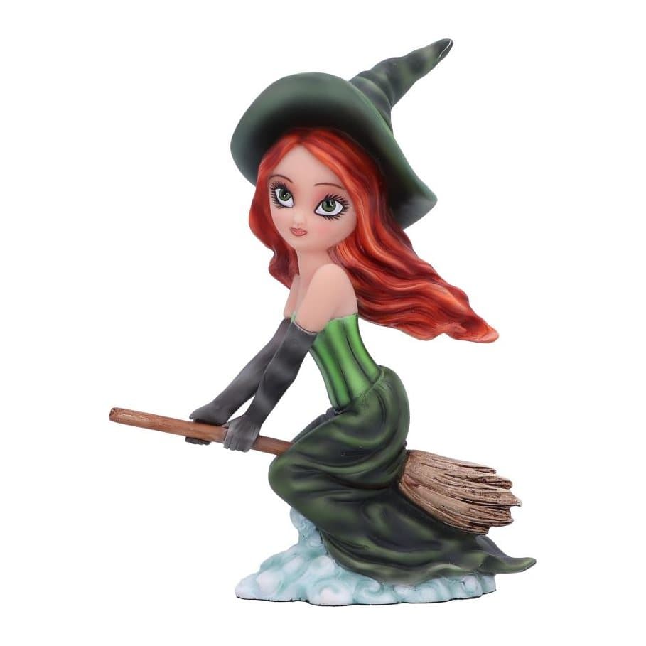 Willow witch figurine riding a broomstick in a green skirt and witches hat