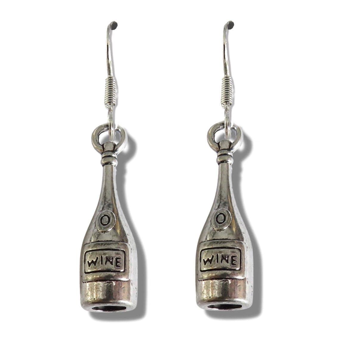 Silver plated wine bottle drop earrings with nickel free hooks