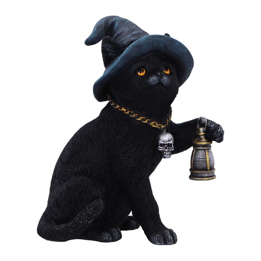 Black cat figurine in a dark green witch's hat holding a lantern