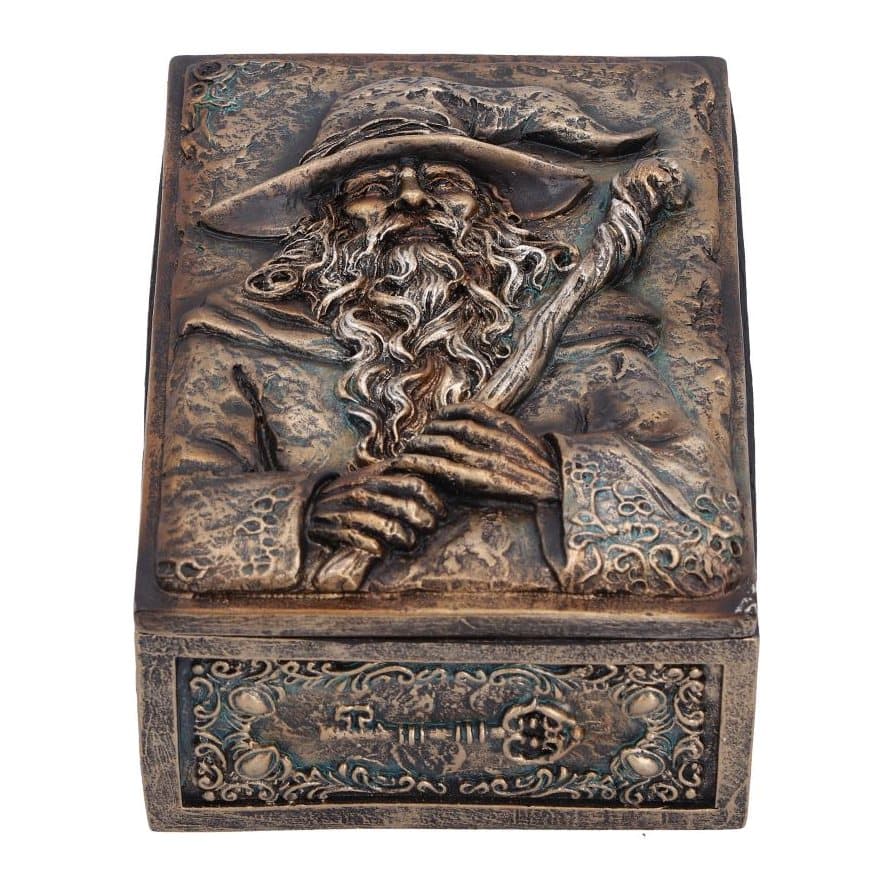 Wizards Hoard trinket box with a sculpted wizard holding a staff on the lid