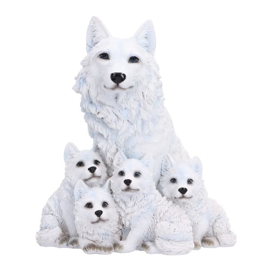 Snow-white mother wolf and four cubs huddled together in a hand-painted figurine