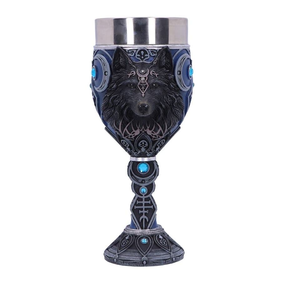 Dark resin wolf moon goblet with lunar phases and aquamarine jewels