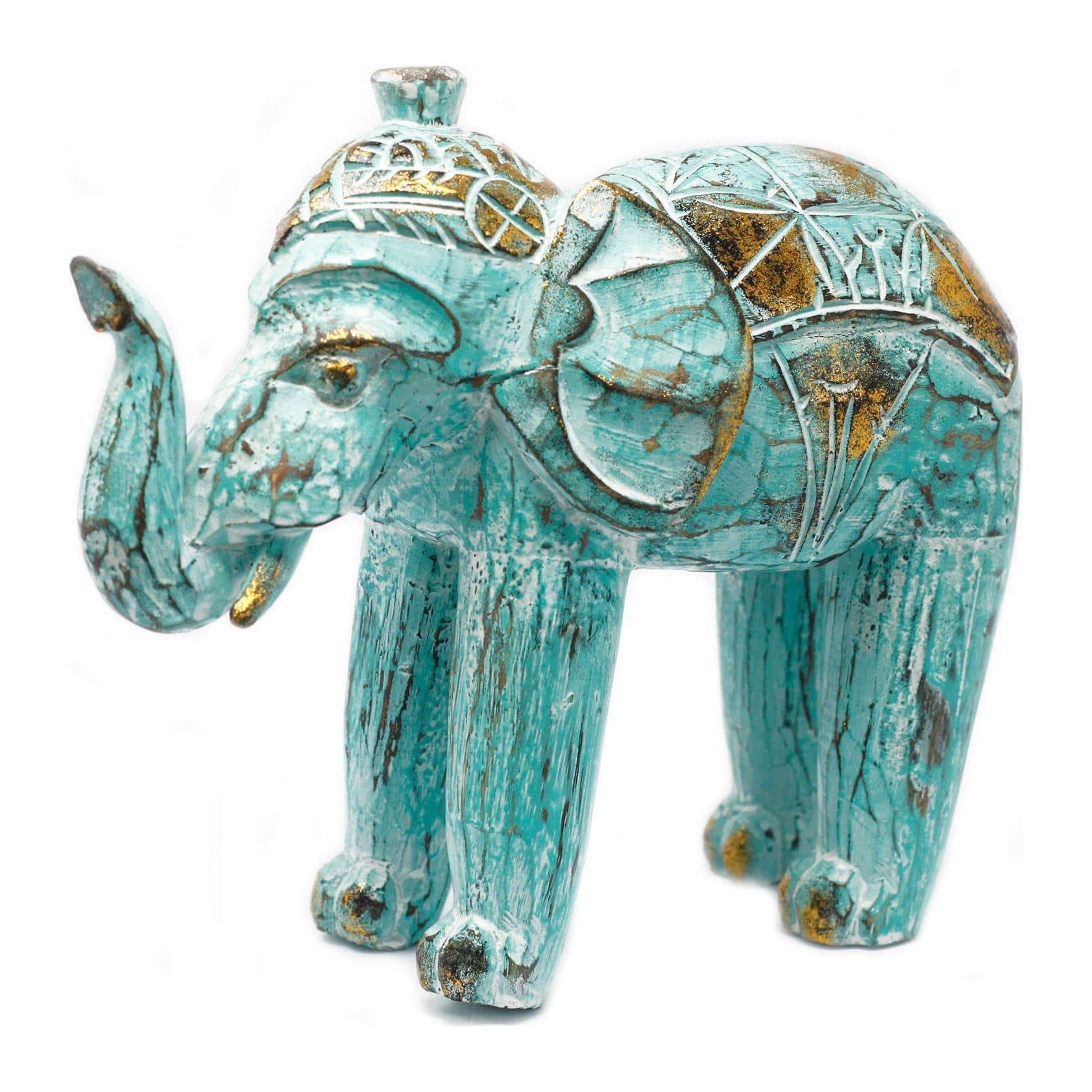 Hand carved wooden elephant painted turquoise or white with golden glitter
