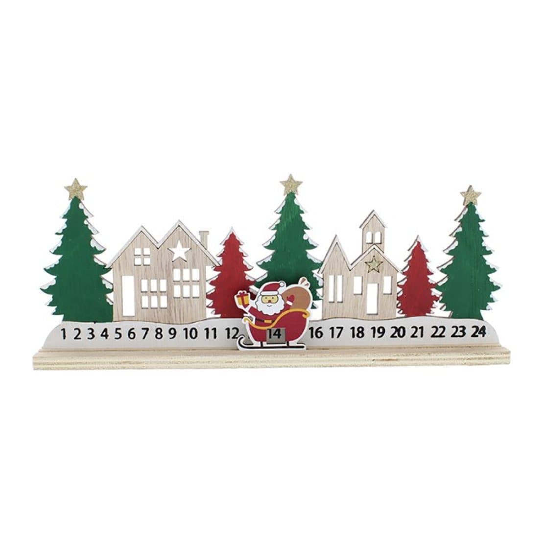 Red and green wooden advent calendar with a Santa marker
