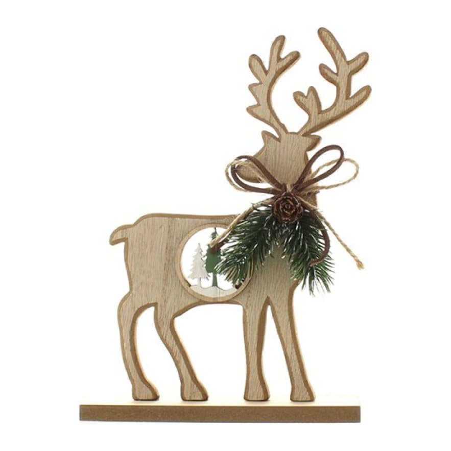 21 cm wooden standing reindeer ornament with antlers and a greenery and ribbon neck detail