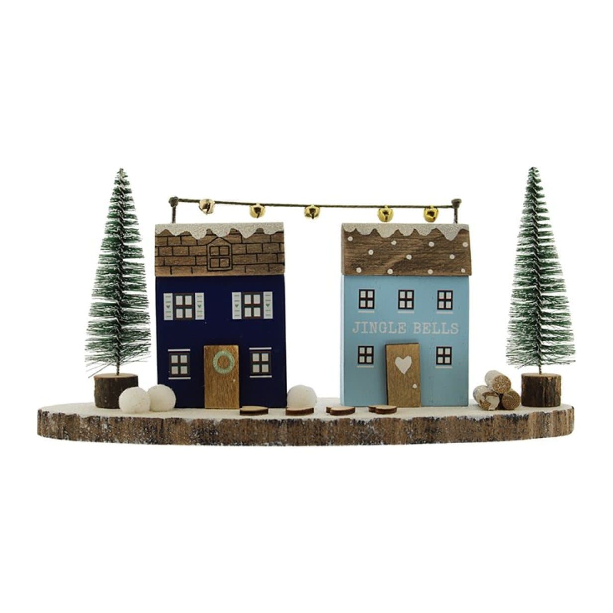 Wooden ornament of two snowy houses with trees