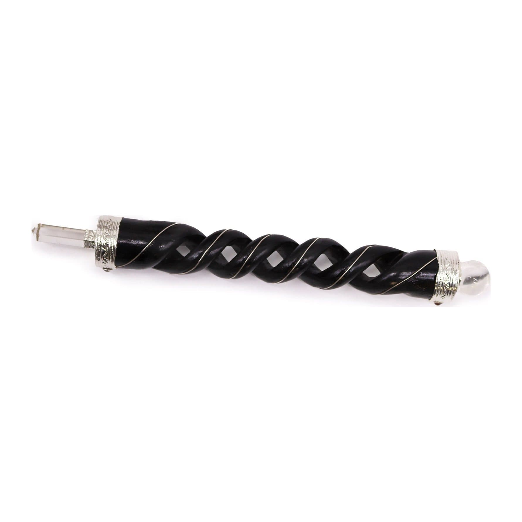 Wooden spiral carved crystal wand with a quartz point tip and quartz sphere