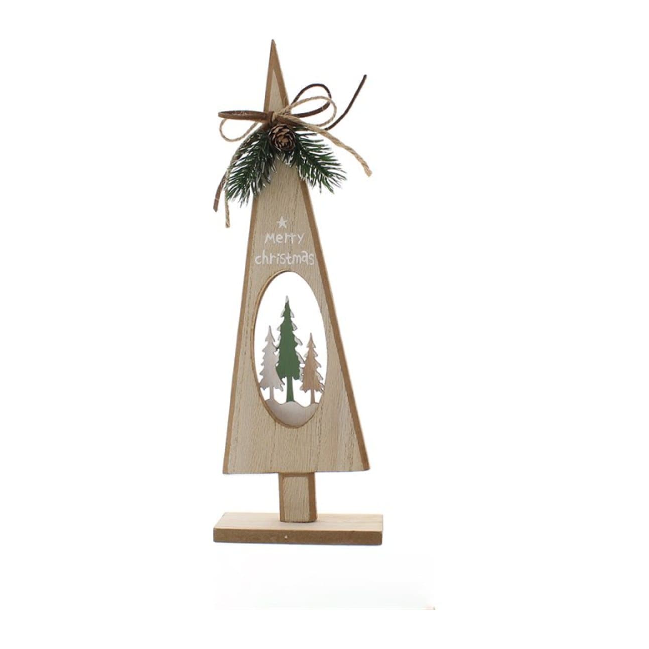 22 cm wooden standing tree ornament with a winter woodland scene cut-out