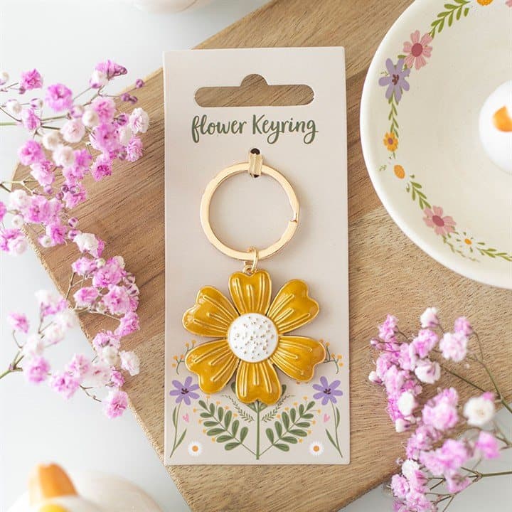 Yellow enamel daisy keyring on a Euro hook