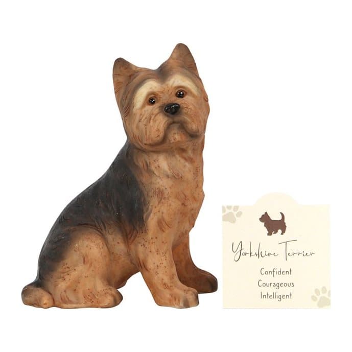 Resin Yorkshire terrier dog ornament with bright shiny eyes and a sentiment card