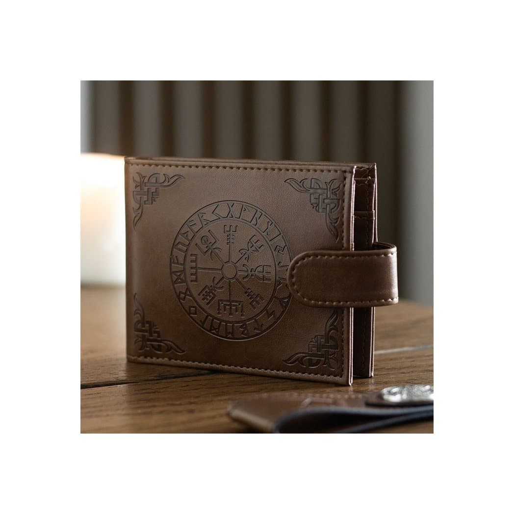 Brown faux leather wallet with an embossed Viking Vegvisir compass on the front