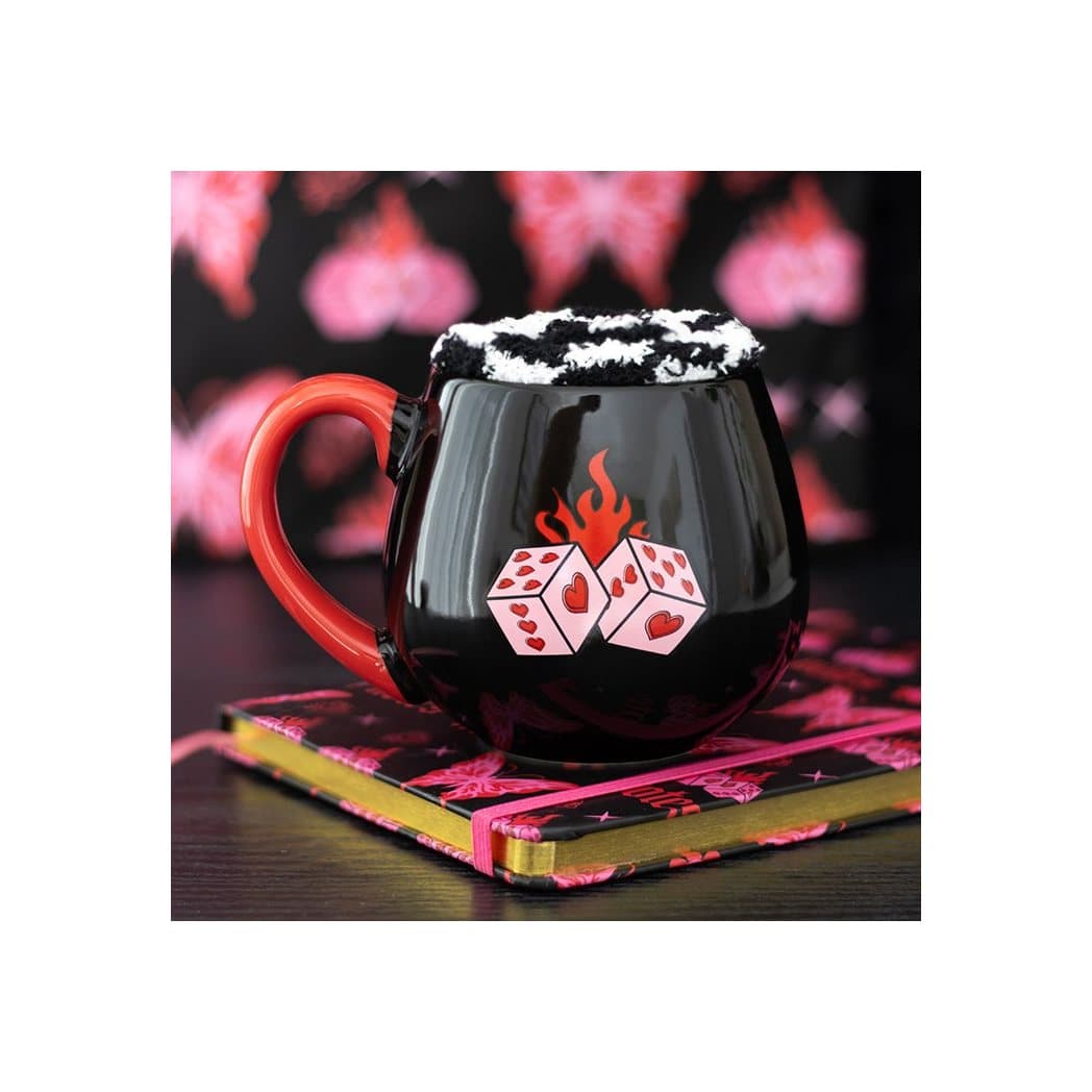 Black flaming dice ceramic mug with checkerboard socks and a colour cardboard gift box