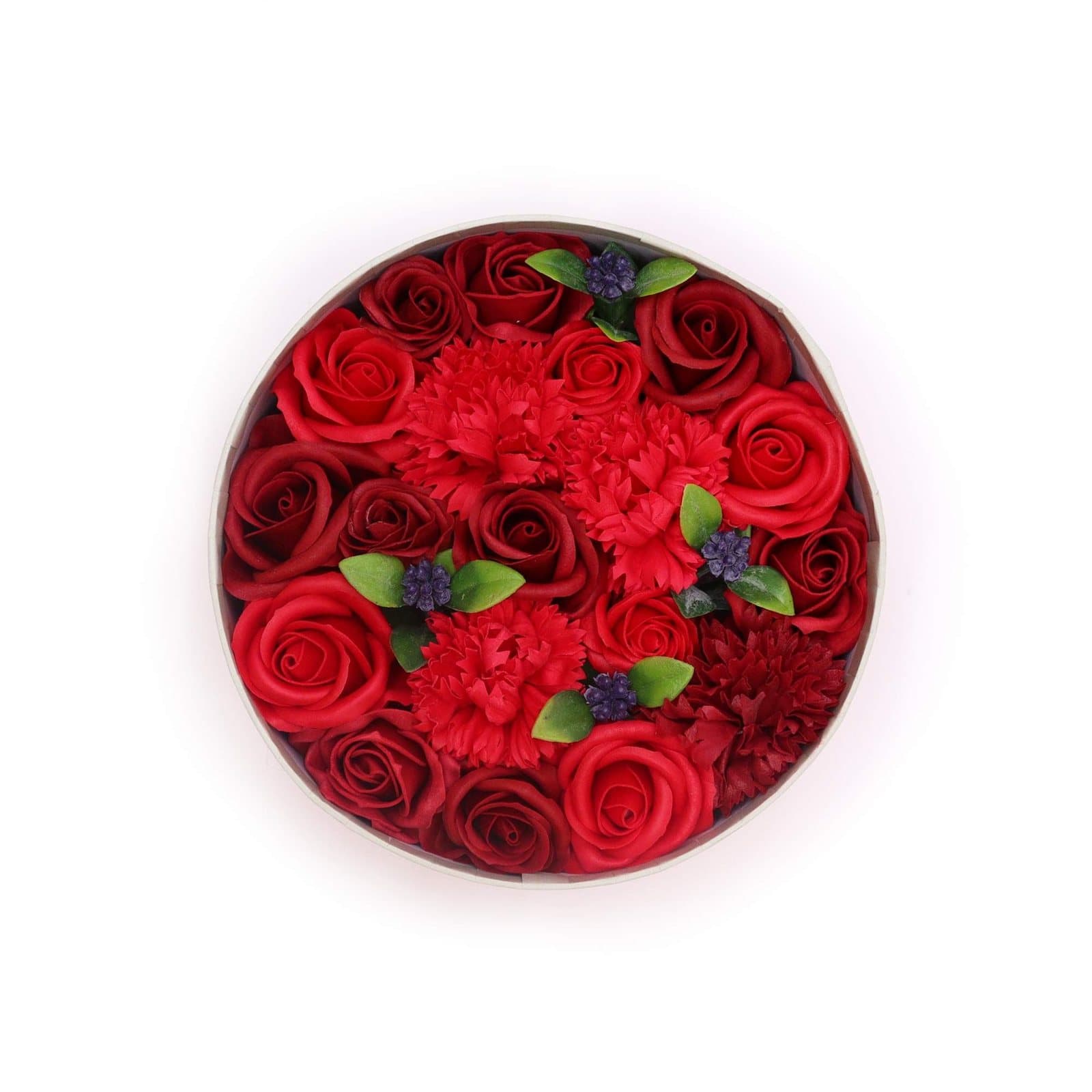 Round gift box filled with classic red soap flower roses
