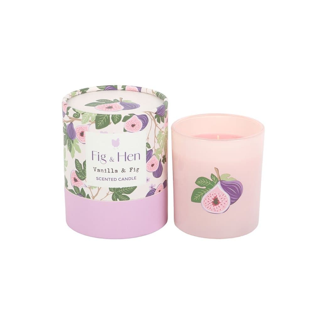 Soft pink glass jar candle with a fig illustration, in vanilla and fig scent