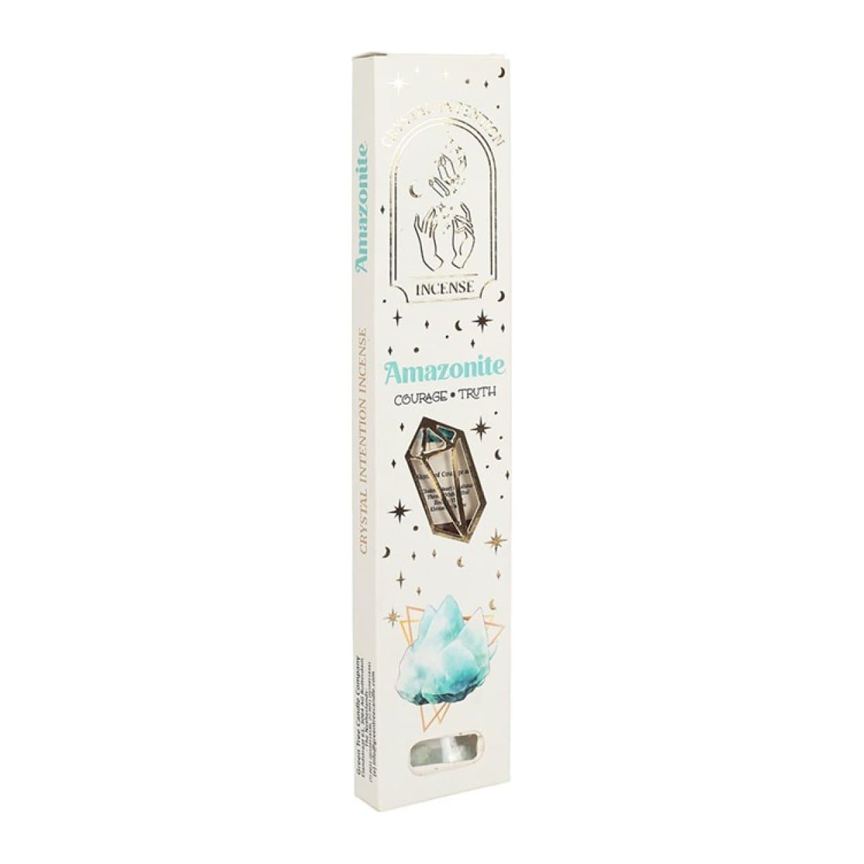 Display box of amazonite crystal chip incense packs