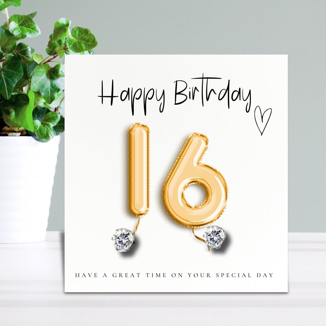 16th birthday cubic zirconia stud earrings and gold balloons message card