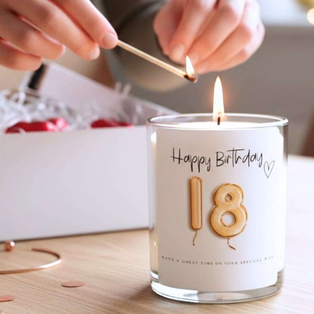 Gold balloon 18th birthday personalised candle gift set with chocolate hearts and matches