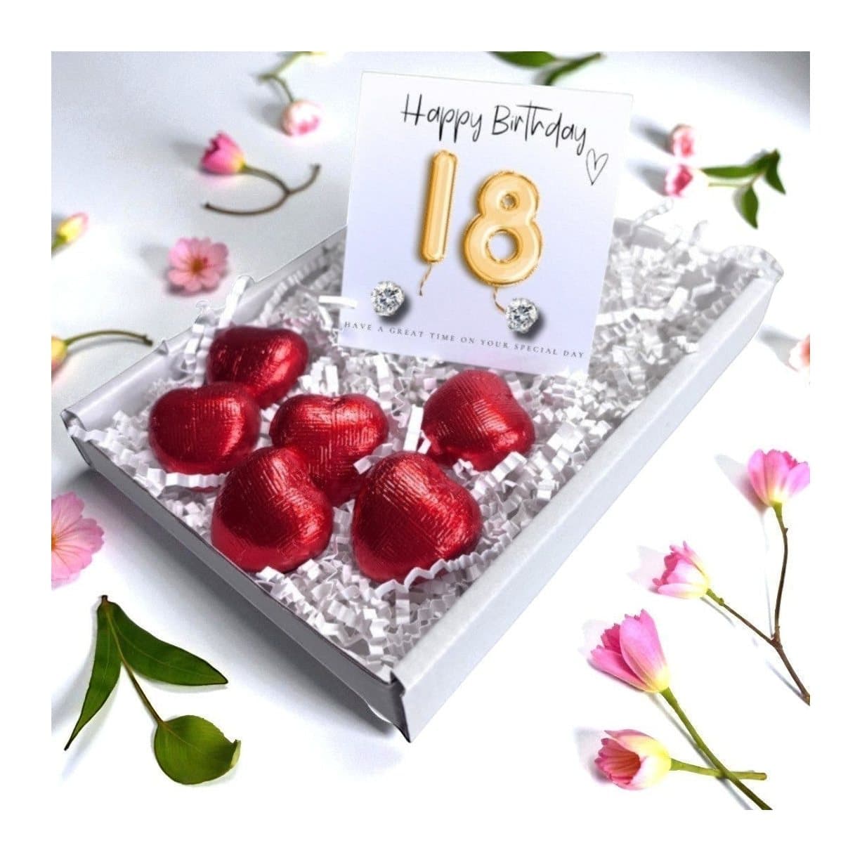18th birthday earrings, red foiled chocolate hearts and a gold balloons message card