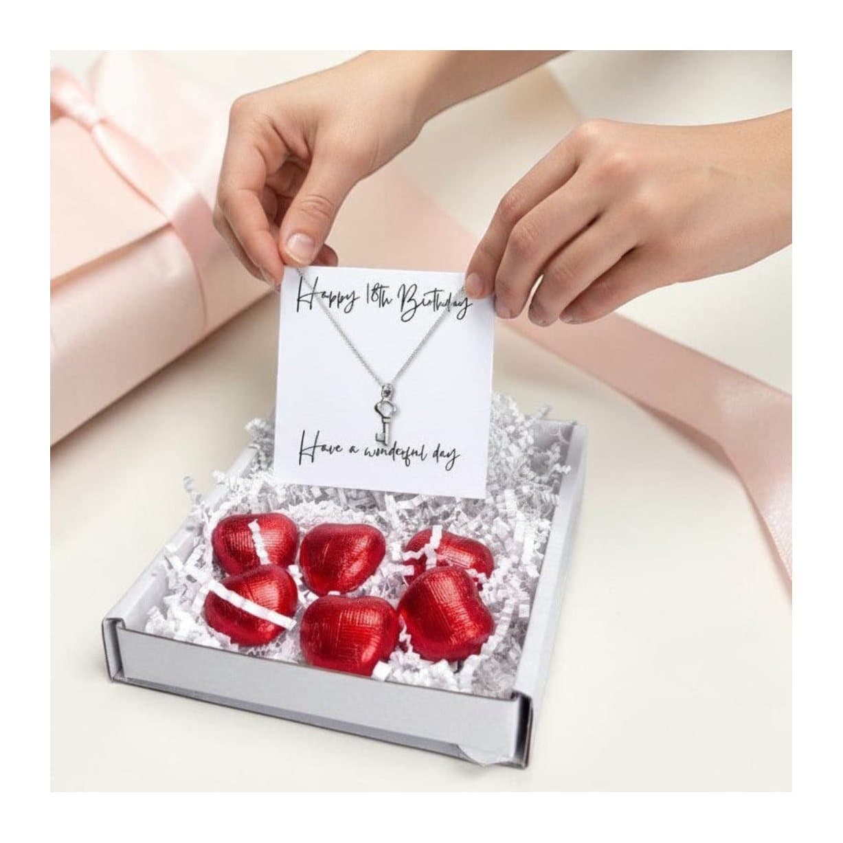 18th birthday key necklace gift box with silver key charm and chocolate hearts