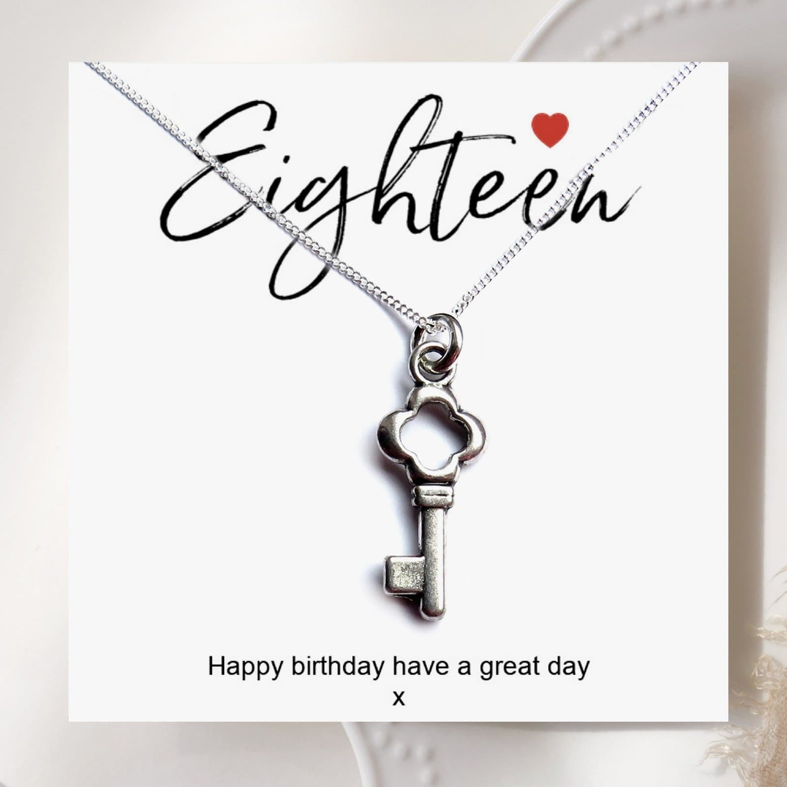 18th birthday key necklace with silver key charm and message card