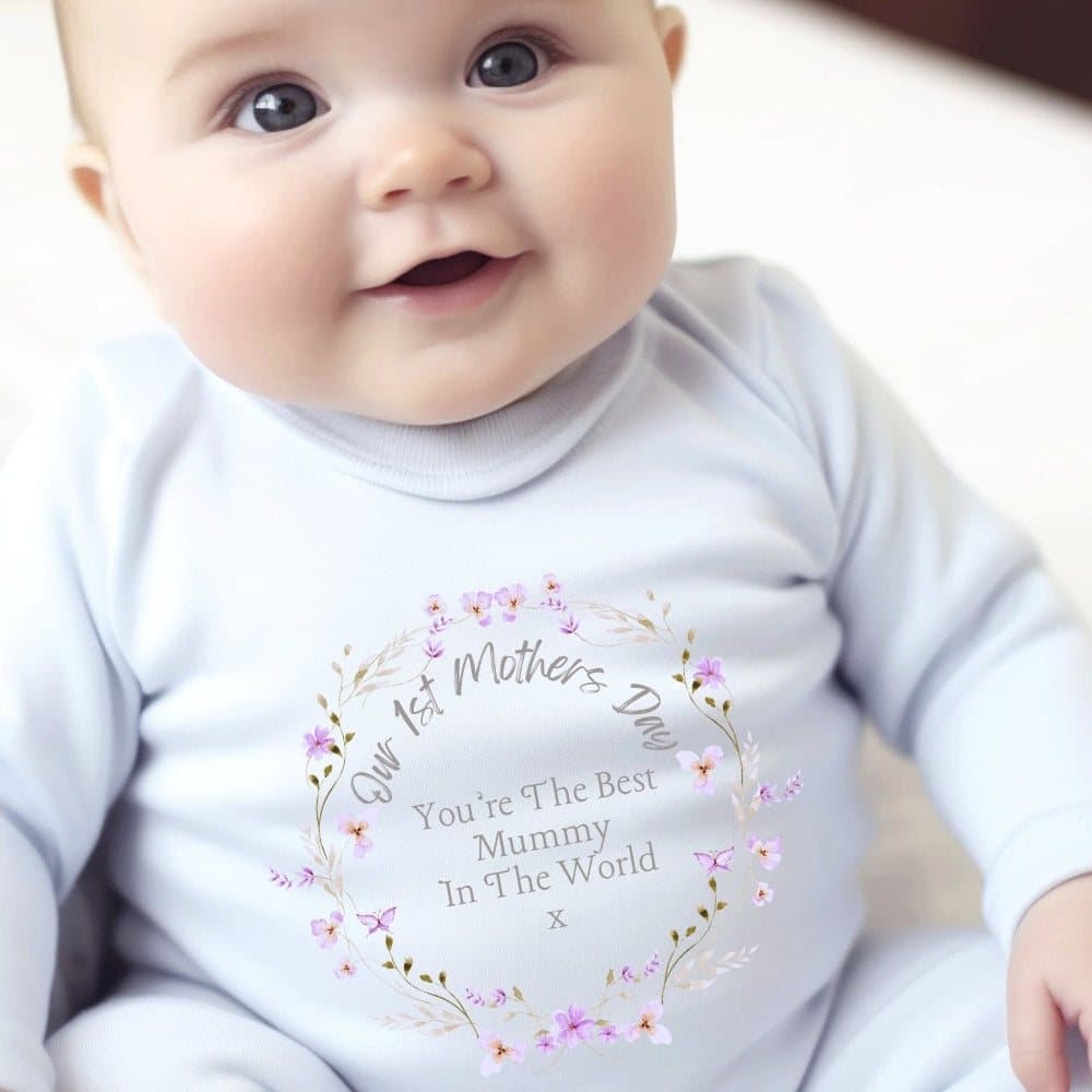 Personalised floral baby grow with an Our 1st Mother's Day message