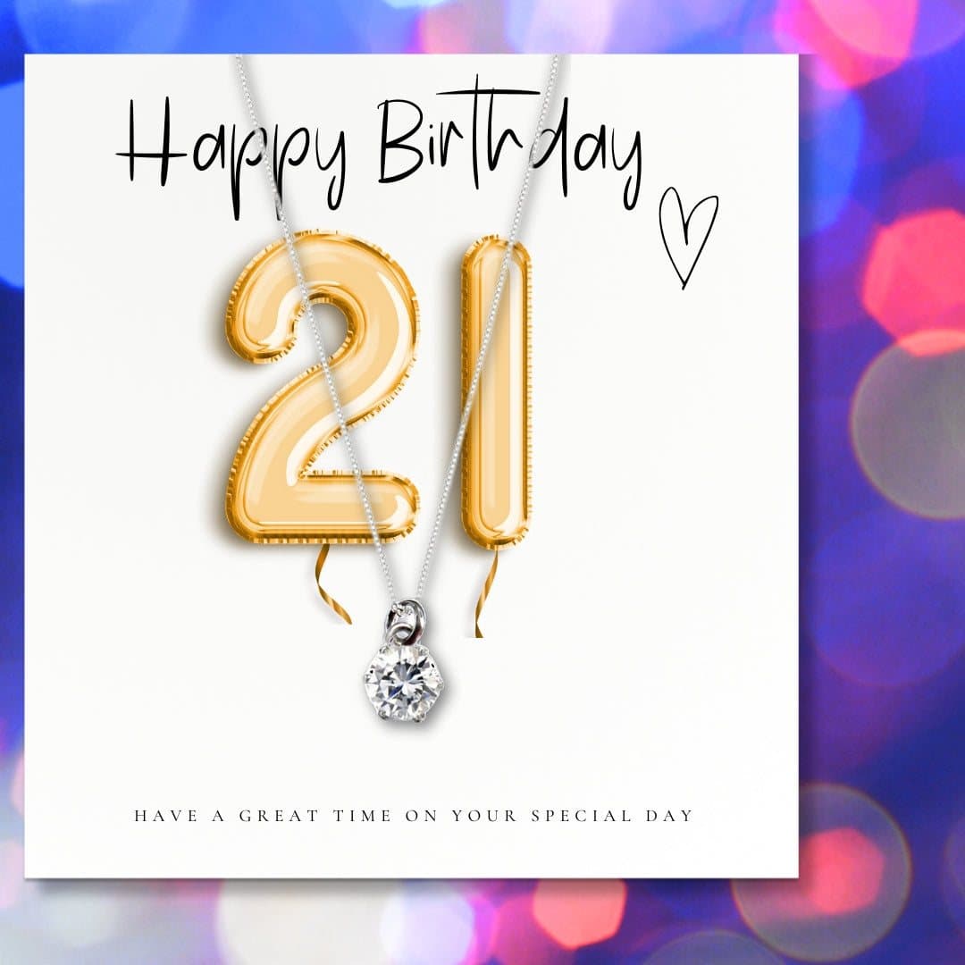 Silver cubic zirconia charm necklace with a gold balloons 21st birthday message card