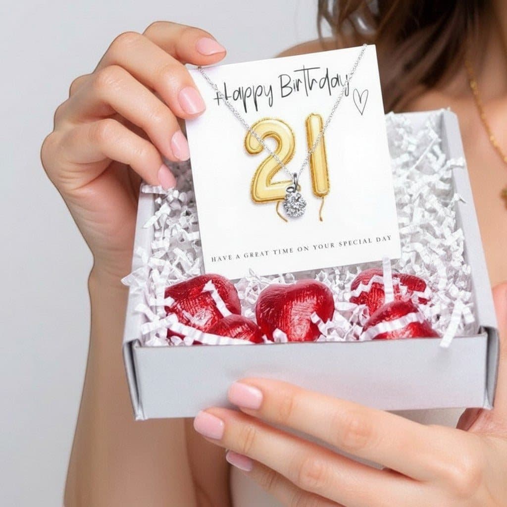 21st birthday necklace gift box with a cubic zirconia heart pendant
