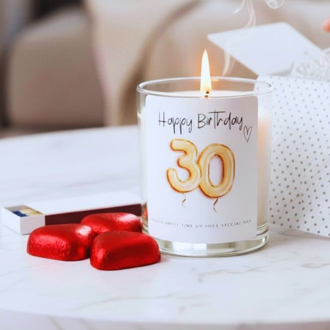 Gold balloon 30th birthday candle gift set with chocolate hearts and matches